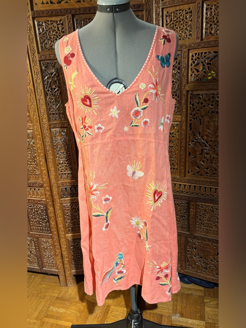 Johnny Was Linen Embroidered V-Neck Midi Dress